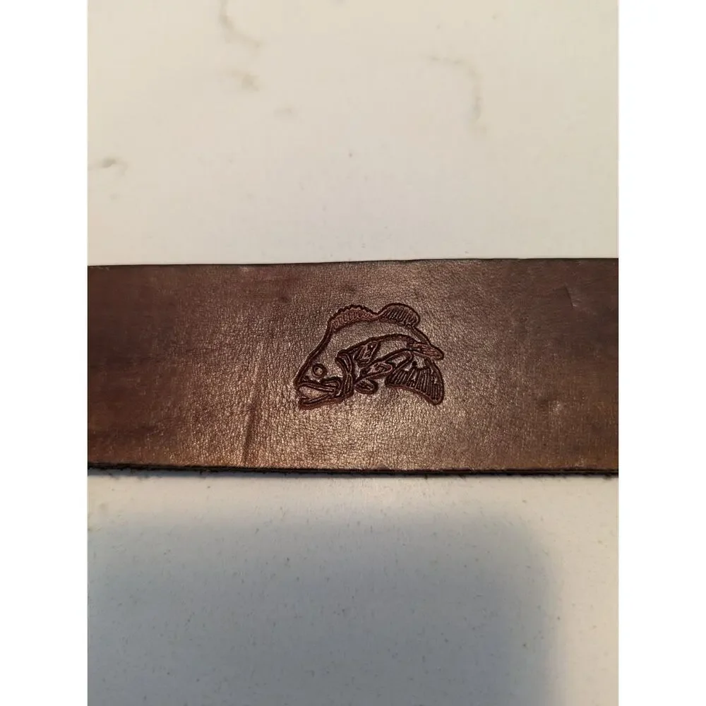 Men's Brown Leather Belt 36 Solid Brass Buckle Fish Embossed
